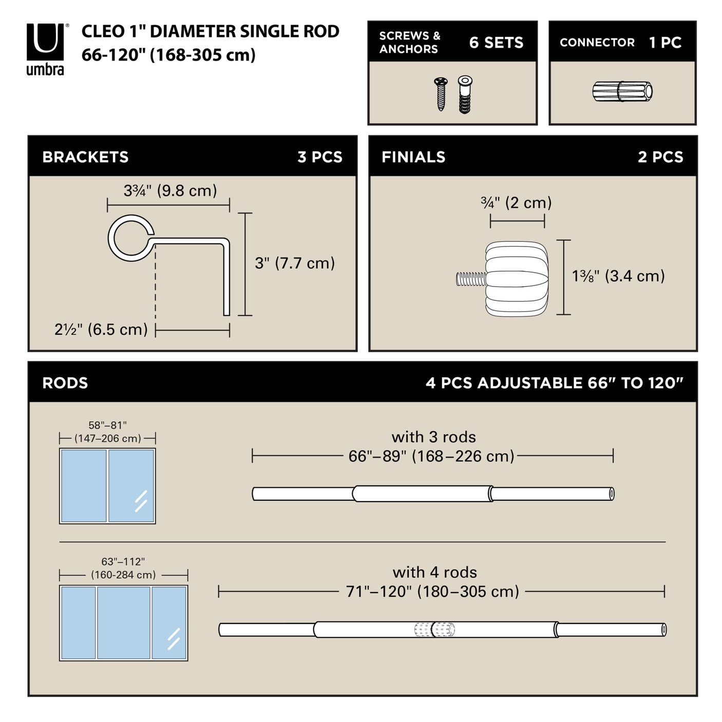 Single Curtain Rods | color: Nickel-Steel | size: 66-120" (168-305 cm) | diameter: 1" (2.5 cm)