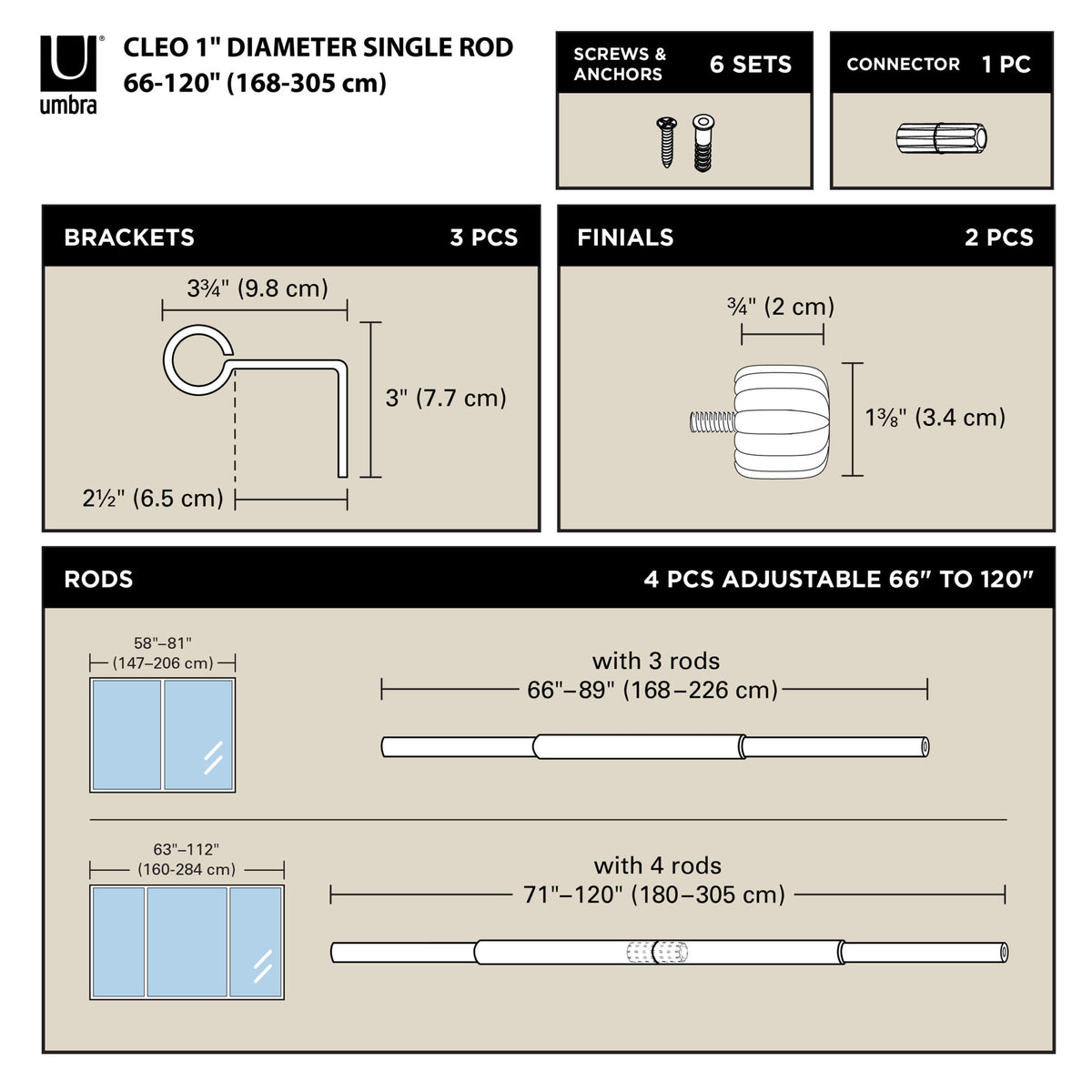 Single Curtain Rods | color: Nickel-Steel | size: 66-120" (168-305 cm) | diameter: 1" (2.5 cm)