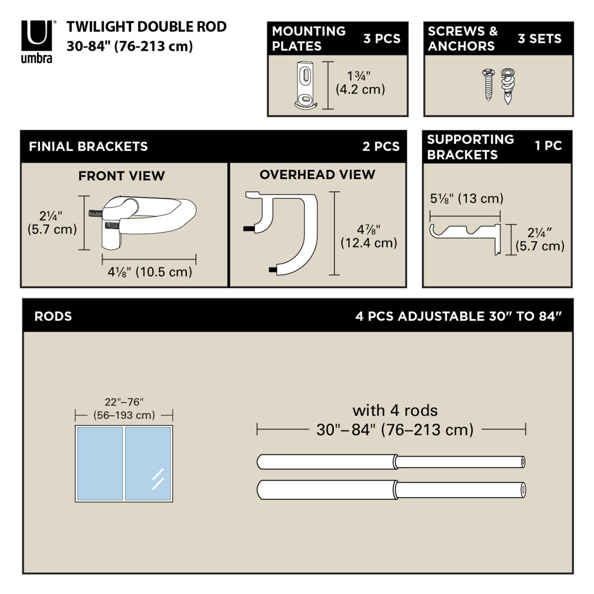 Double Curtain Rods | color: Matte-Nickel | size: 30-84" (76-213 cm) | diameter: 3/4" (1.9 cm)