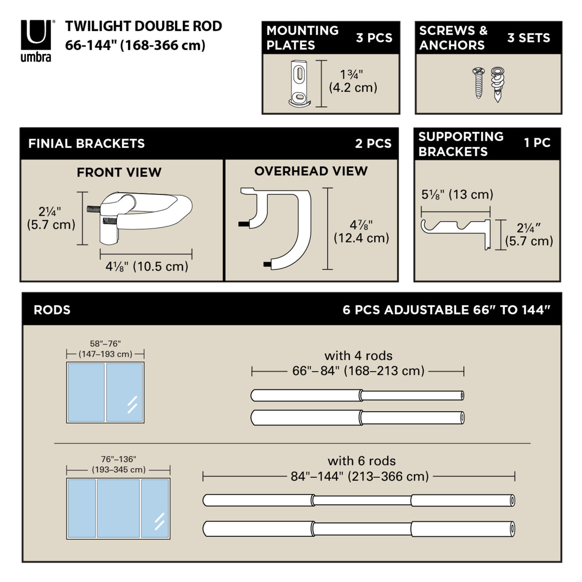 Double Curtain Rods | color: Matte-Nickel | size: 66-144" (168-365 cm) | diameter: 3/4" (1.9 cm)