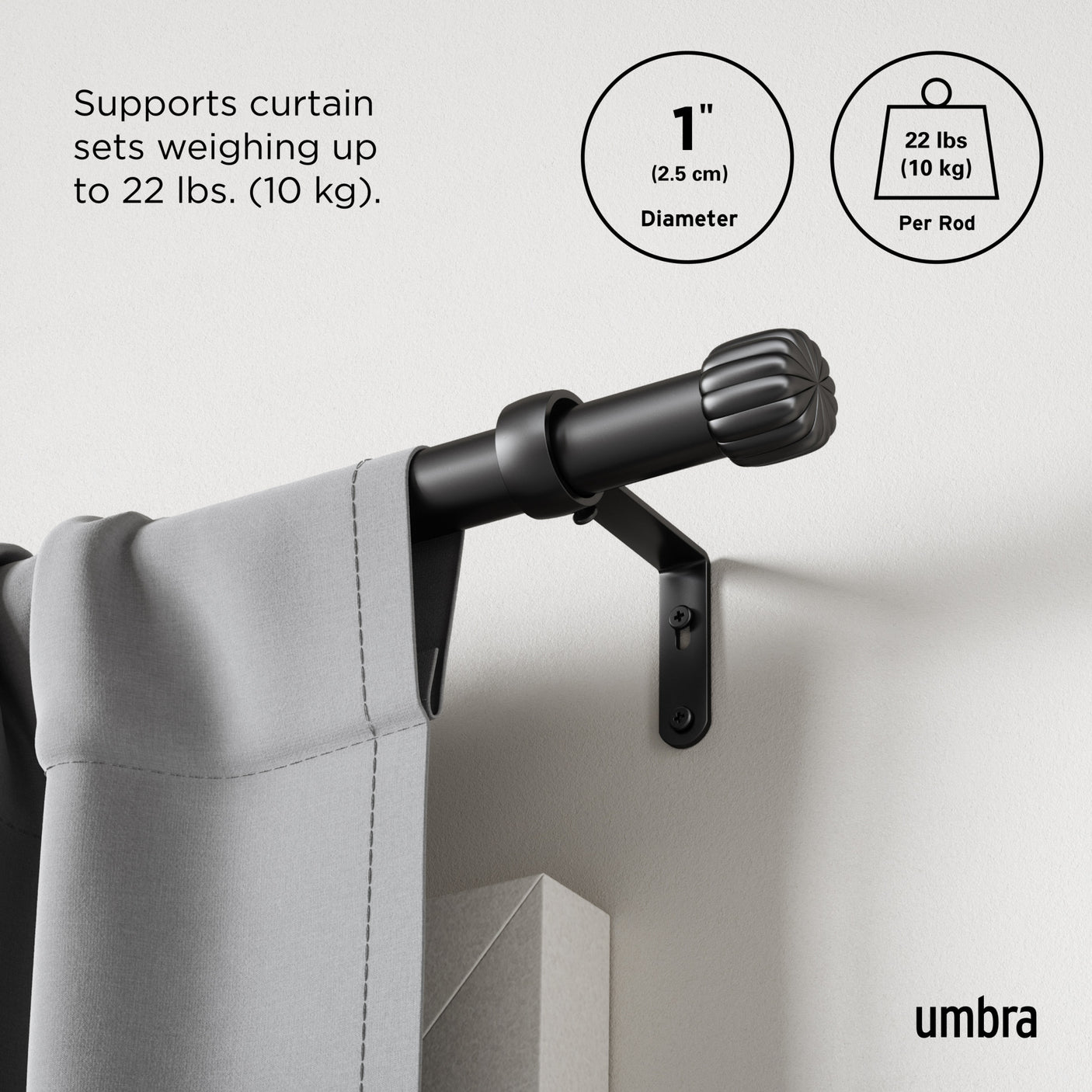 Single Curtain Rods | color: Matte-Black | size: 66-120" (168-305 cm) | diameter: 1" (2.5 cm)