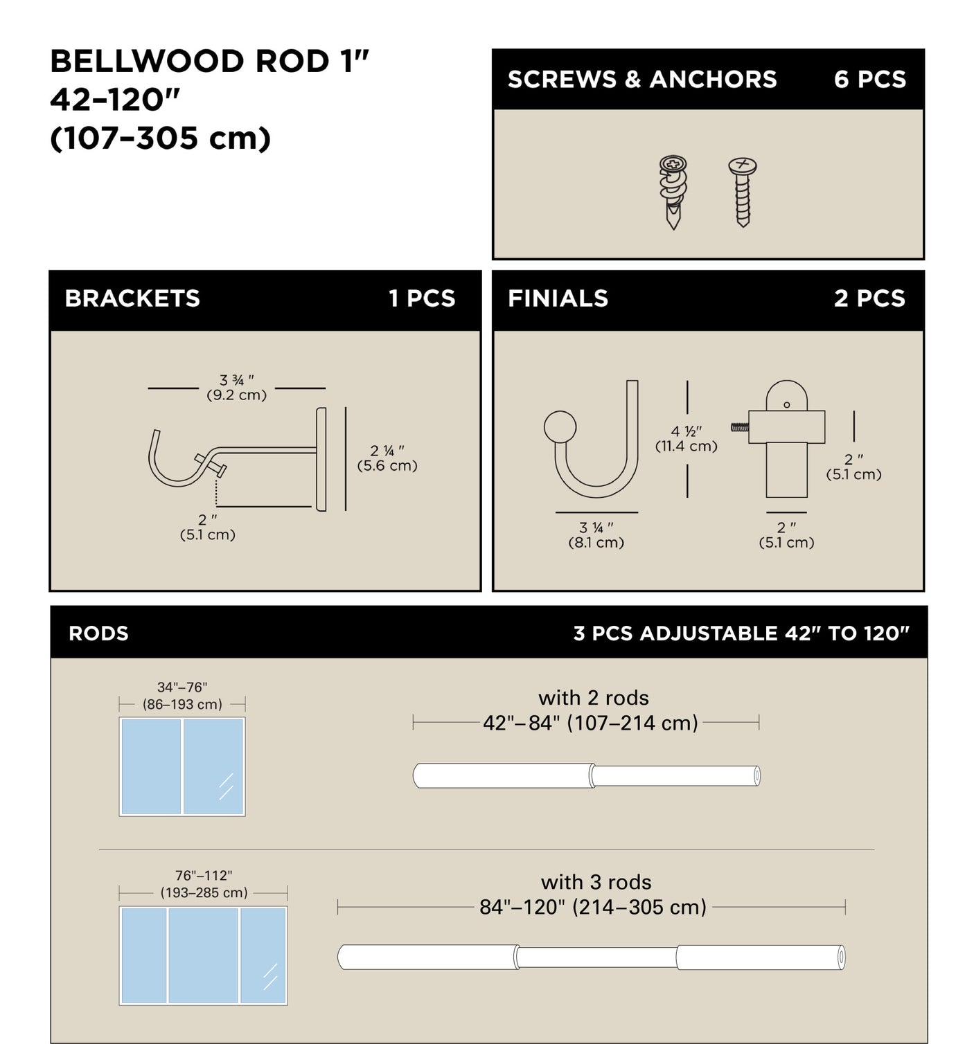 Single Curtain Rods | color: White-Natural | size: 42-120" (107-305 cm) | diameter: 1" (2.5 cm)