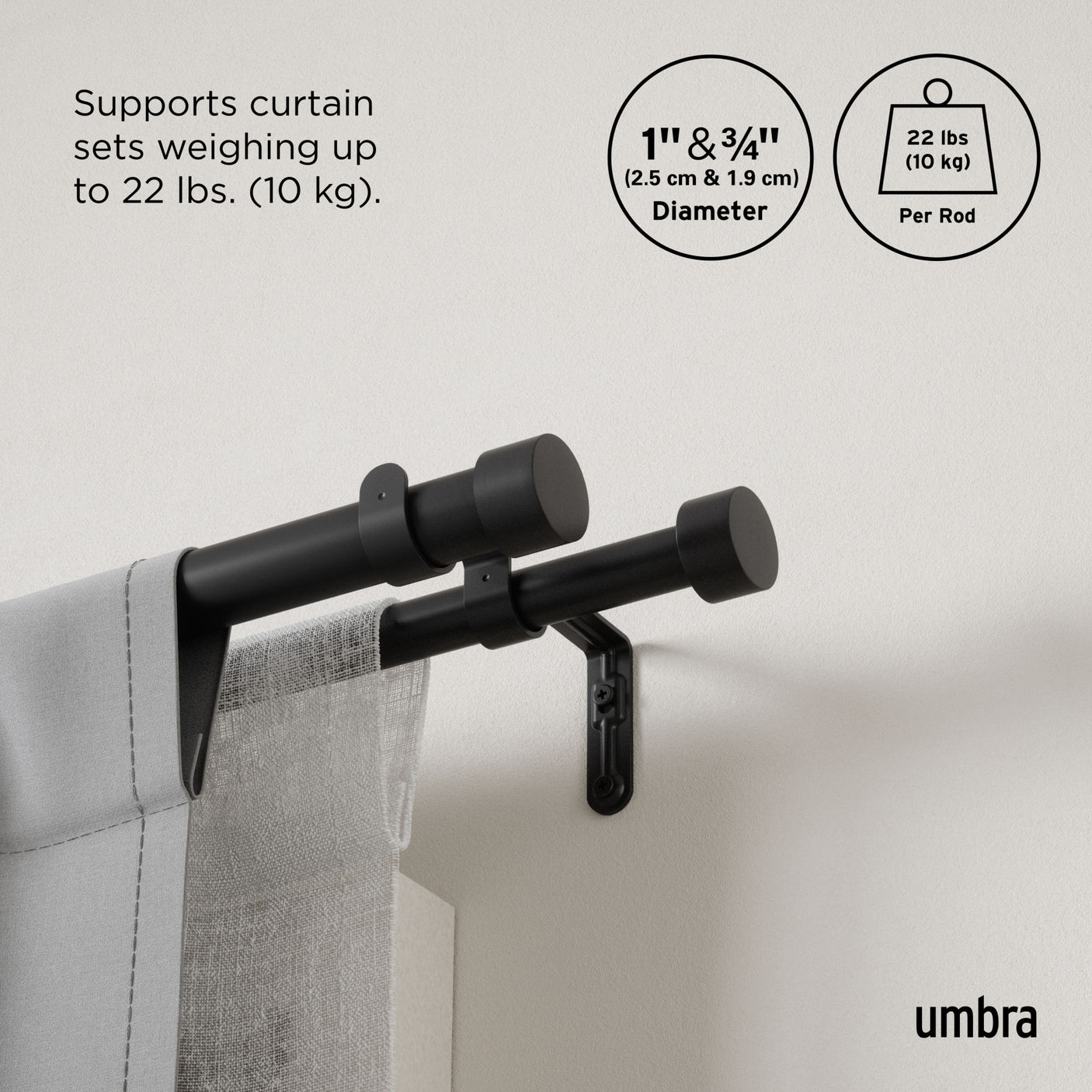 Double Curtain Rods | color: Brushed-Black | size: 36-66" (91-168 cm) | diameter: 1" (2.5 cm)
