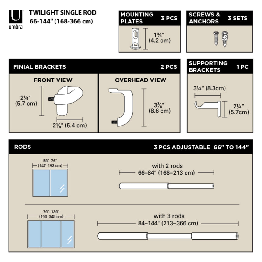 Single Curtain Rods | color: Matte-Nickel | size: 66-144" (168-365 cm) | diameter: 3/4" (1.9 cm)