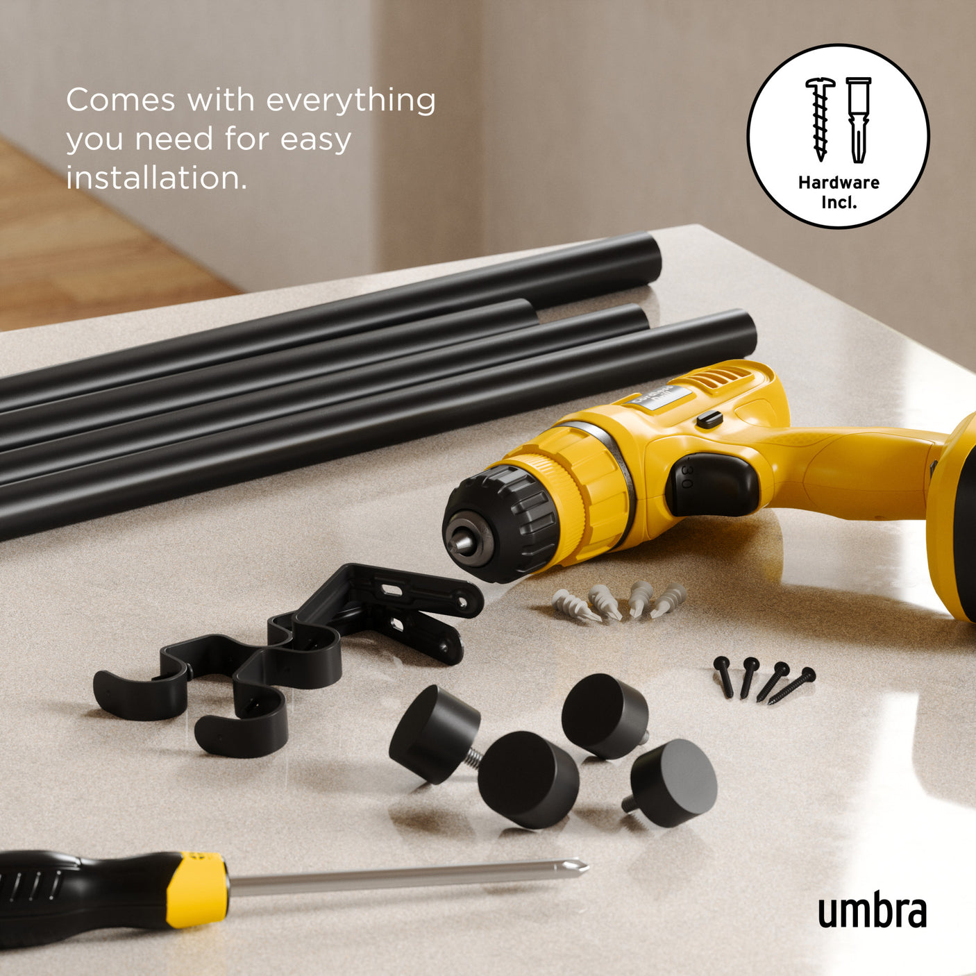 Double Curtain Rods | color: Brushed-Black | size: 36-66" (91-168 cm) | diameter: 1" (2.5 cm)