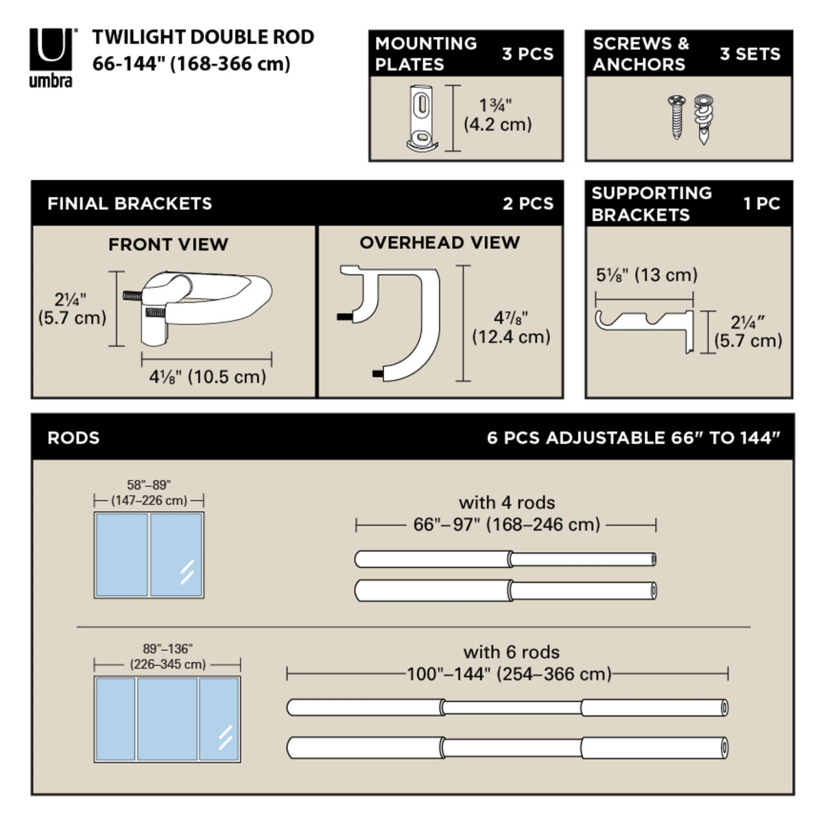 Double Curtain Rods | color: Matte-Black | size: 66-144" (168-365 cm) | diameter: 3/4" (1.9 cm)