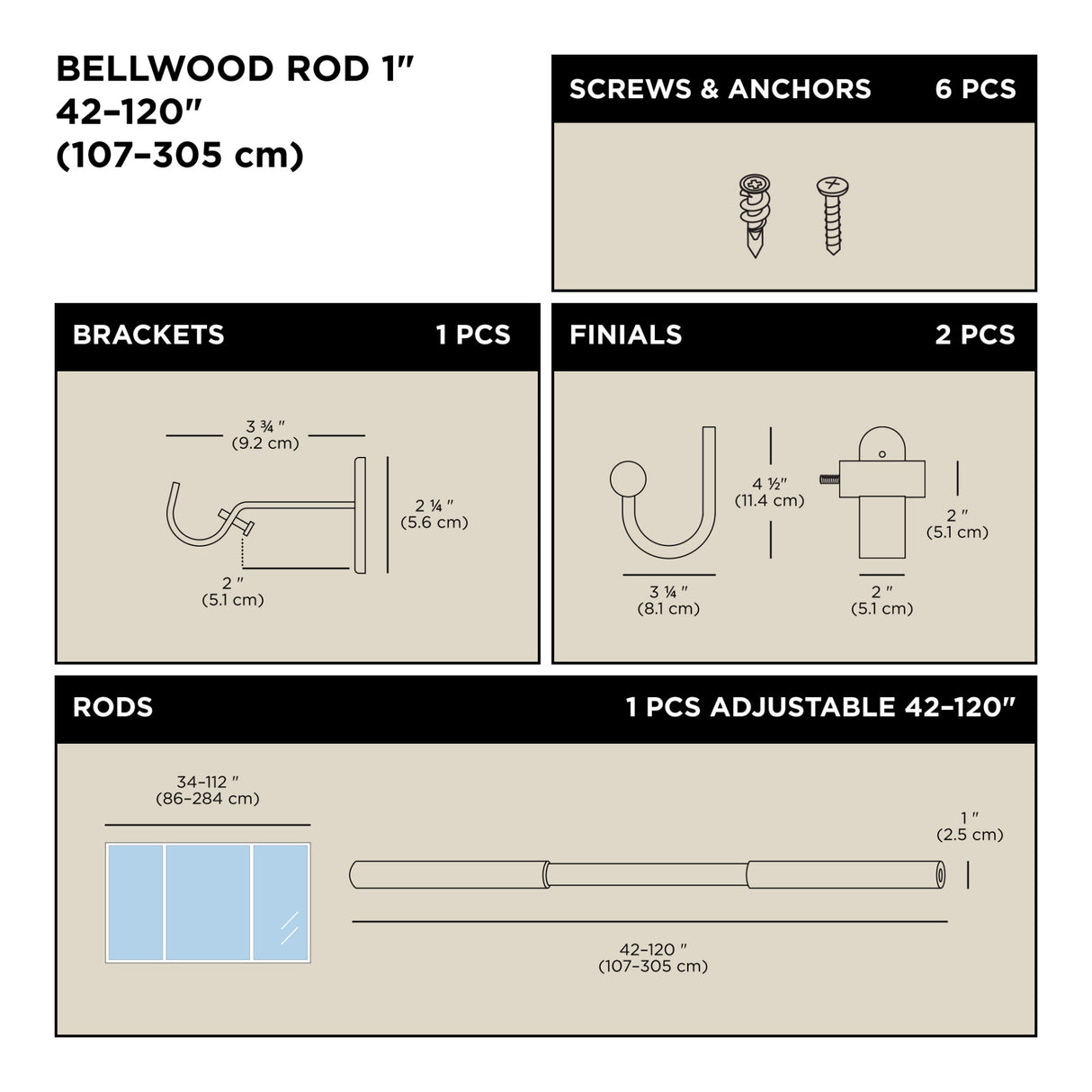 Single Curtain Rods | color: White-Natural | size: 42-120" (107-305 cm) | diameter: 1" (2.5 cm)