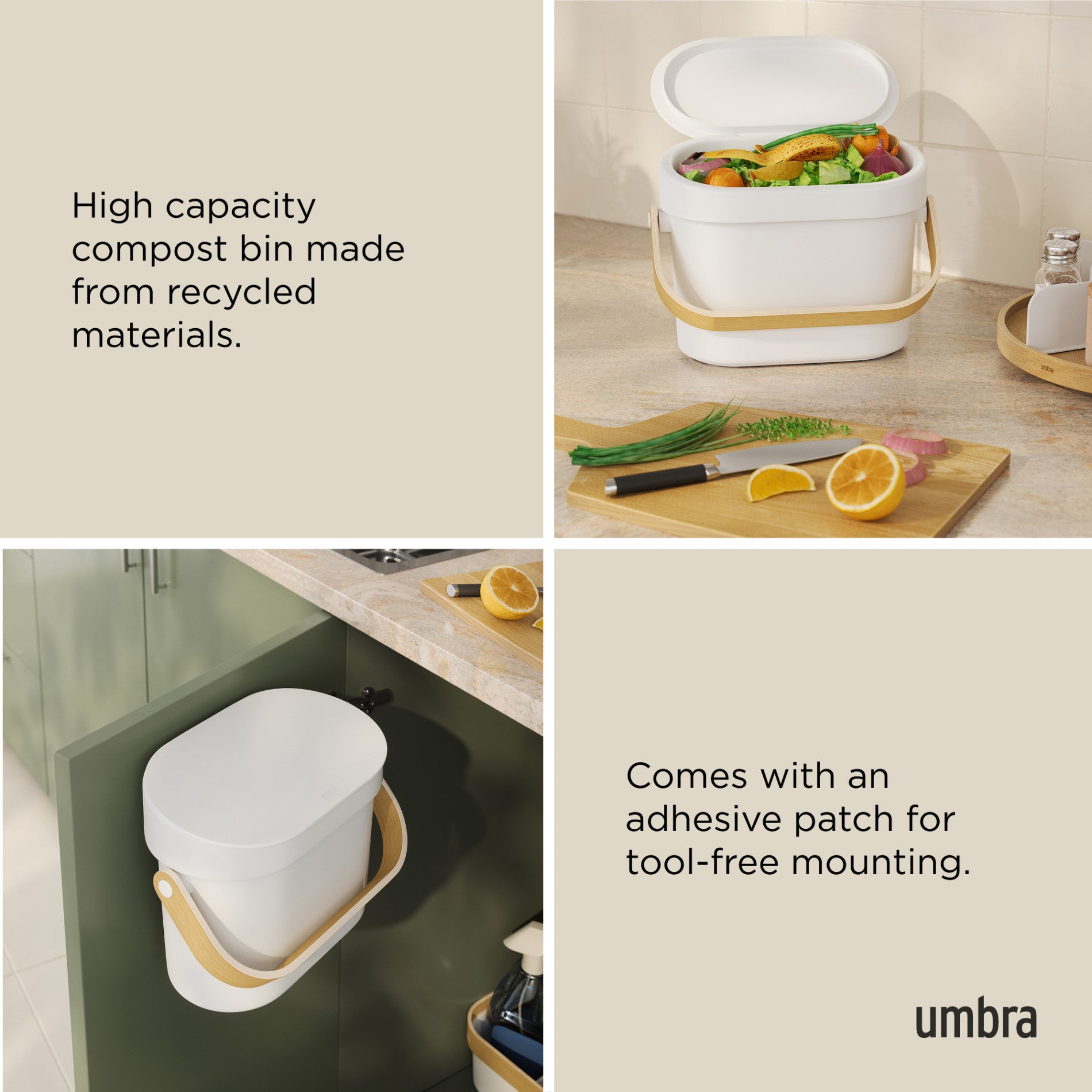Bac à Compost Umbra Bellwood Blanc/Naturel 4L - Design Moderne, Poignée Bois, Fixation Facile, Sans BPA